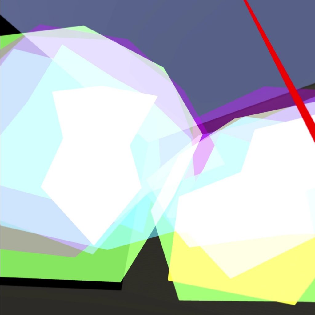 overlapping irregular coloured shapes with straight sides. The additive effect of the colours makes white in the centre. Around the edges where the colours dont overlap shows as varying colour. Yellow and green and purple. 
